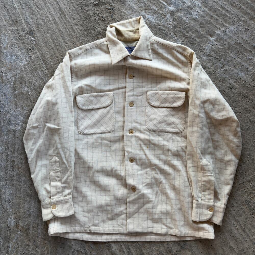 Vtg Pendleton Loop Collar Board Shirt Wool Tan Windowpane Men's Medium USA Surf